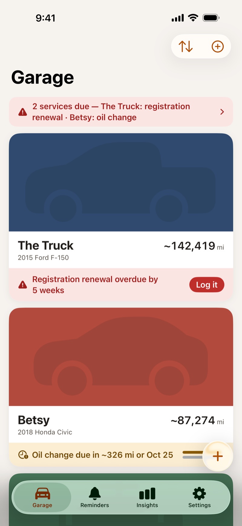 Dipstick's Garage screen: a truck and a Honda Civic with their mileage, an overdue registration renewal, and an oil change due in about 326 miles.